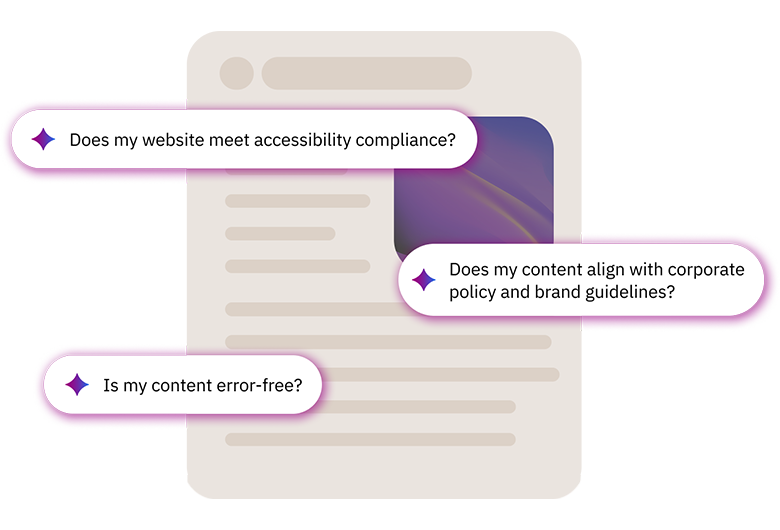 Siteimprove interface showing accessibility, content quality, and brand compliance checks for website content.