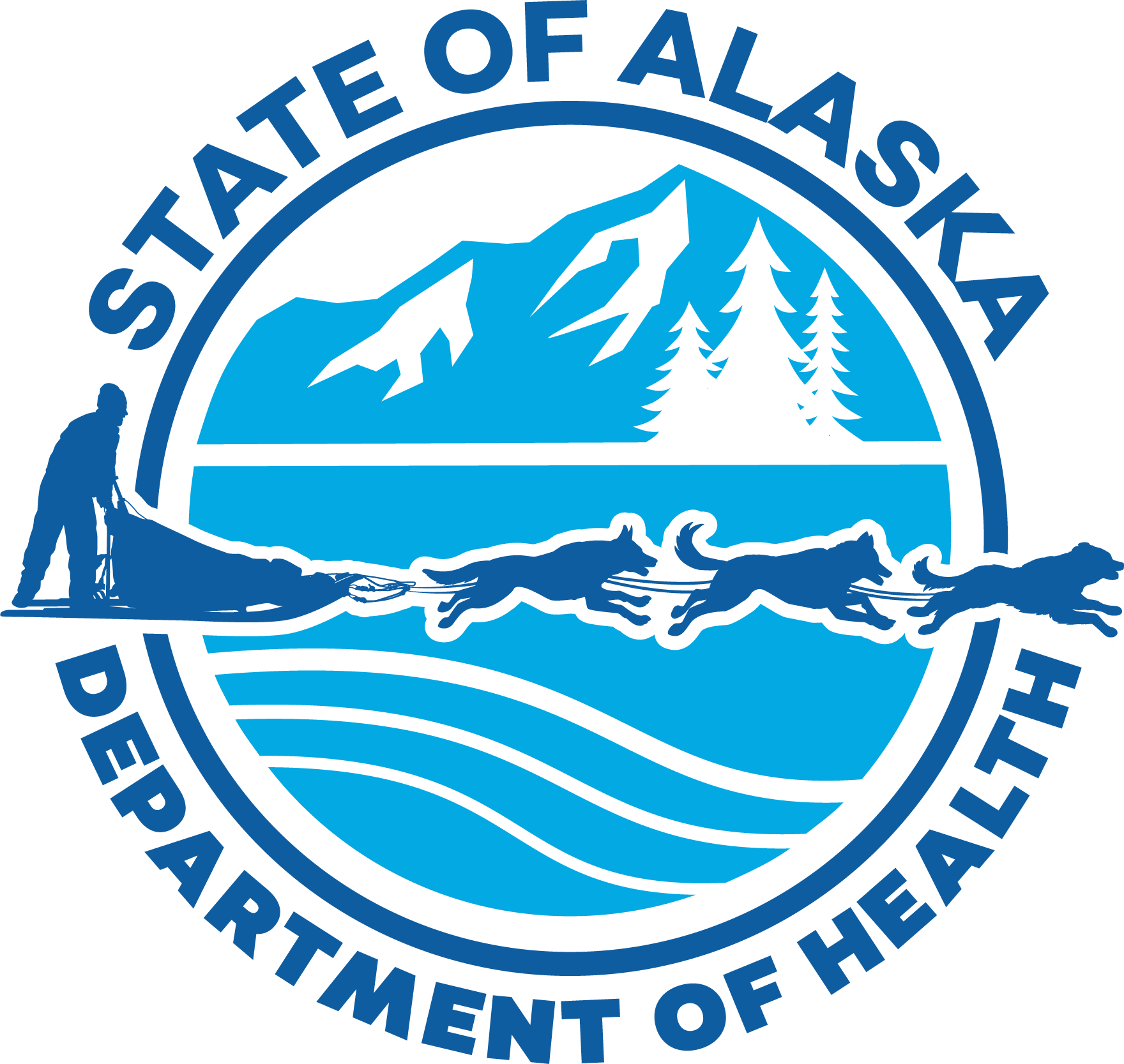 State of Alaska Department of Health - Logo in wilderness with mountains and trees pictured. In the foreground is a team of three sled dogs pulling a dog sledder also known as a musher on a sled.